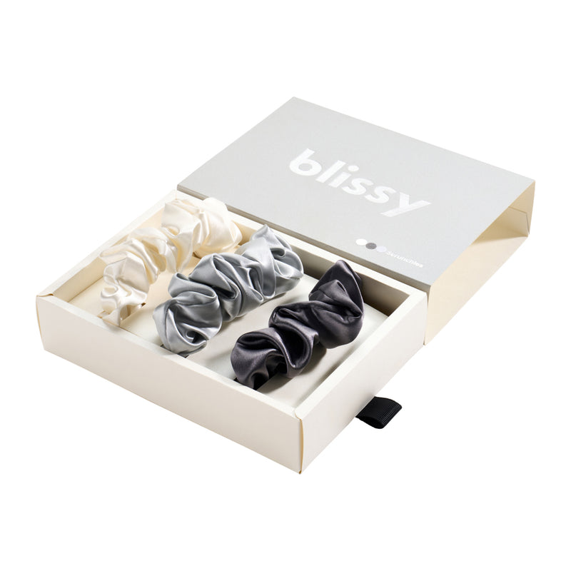 Blissy Scrunchies - White,Gray,Silver