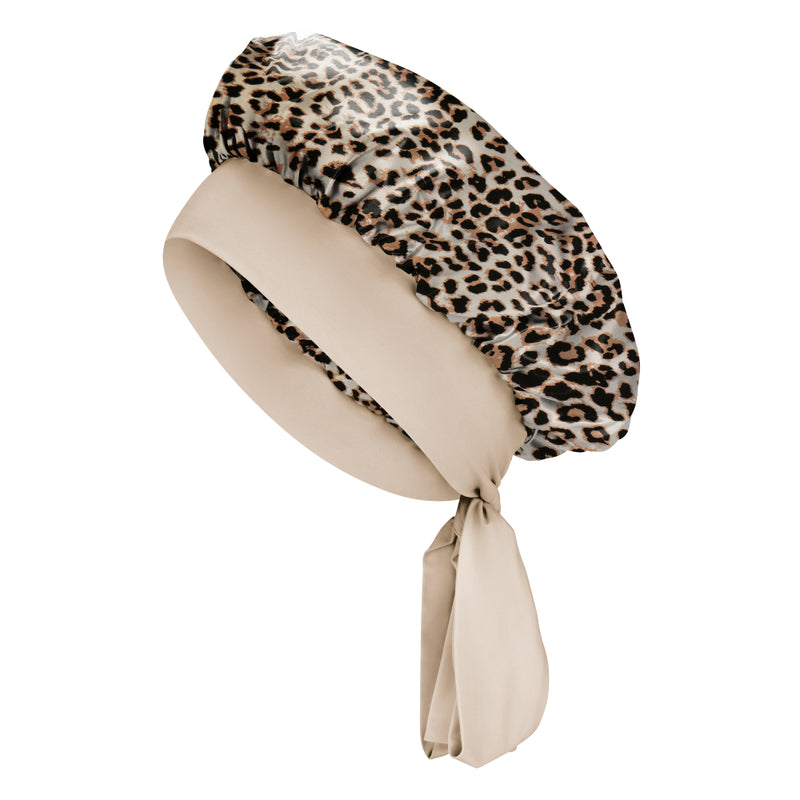 Blissy Leopard Blissy Bow Bonnet ā 22 Momme Mulberry Silk, 100% Silk