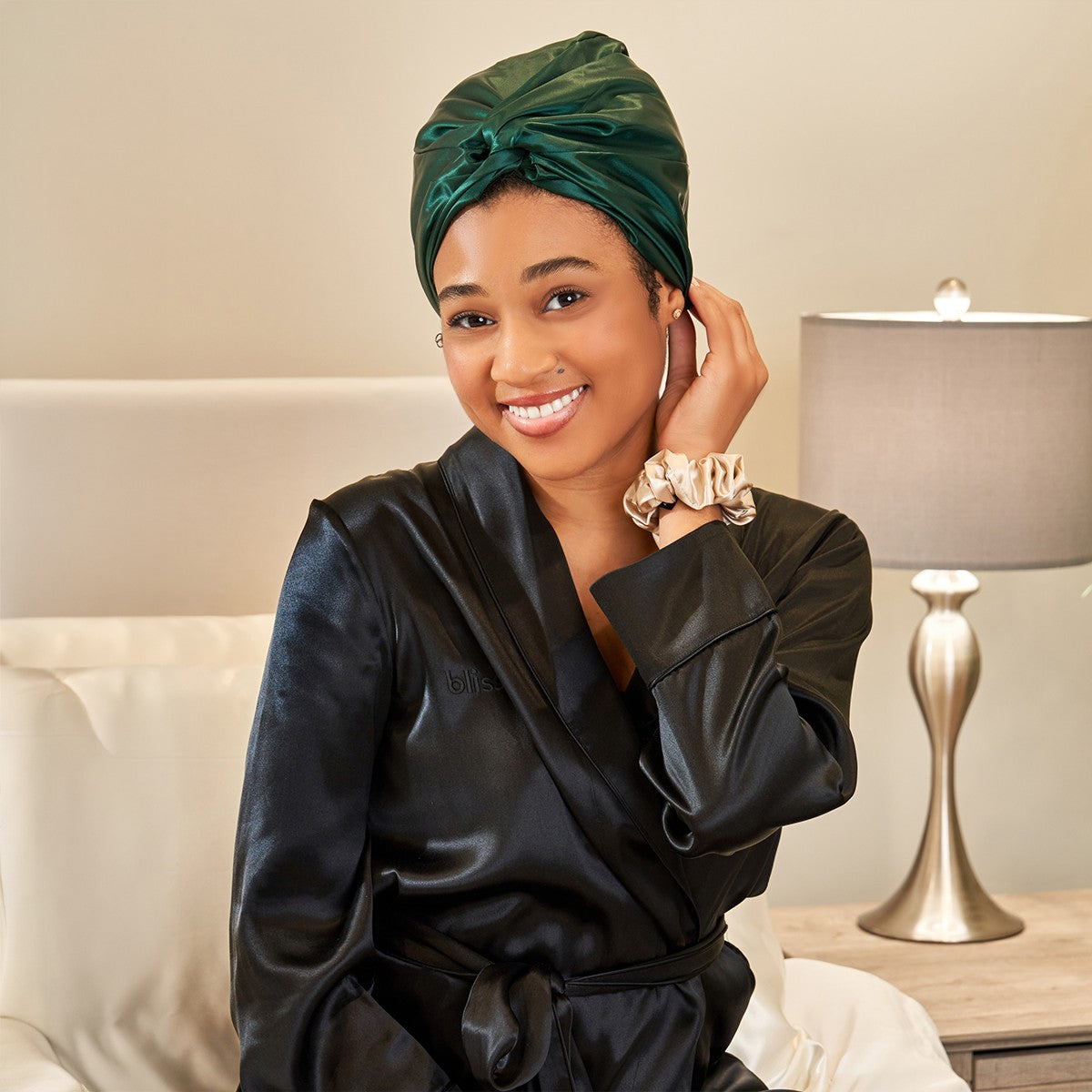 Creator wearing a Blissy silk bonnet