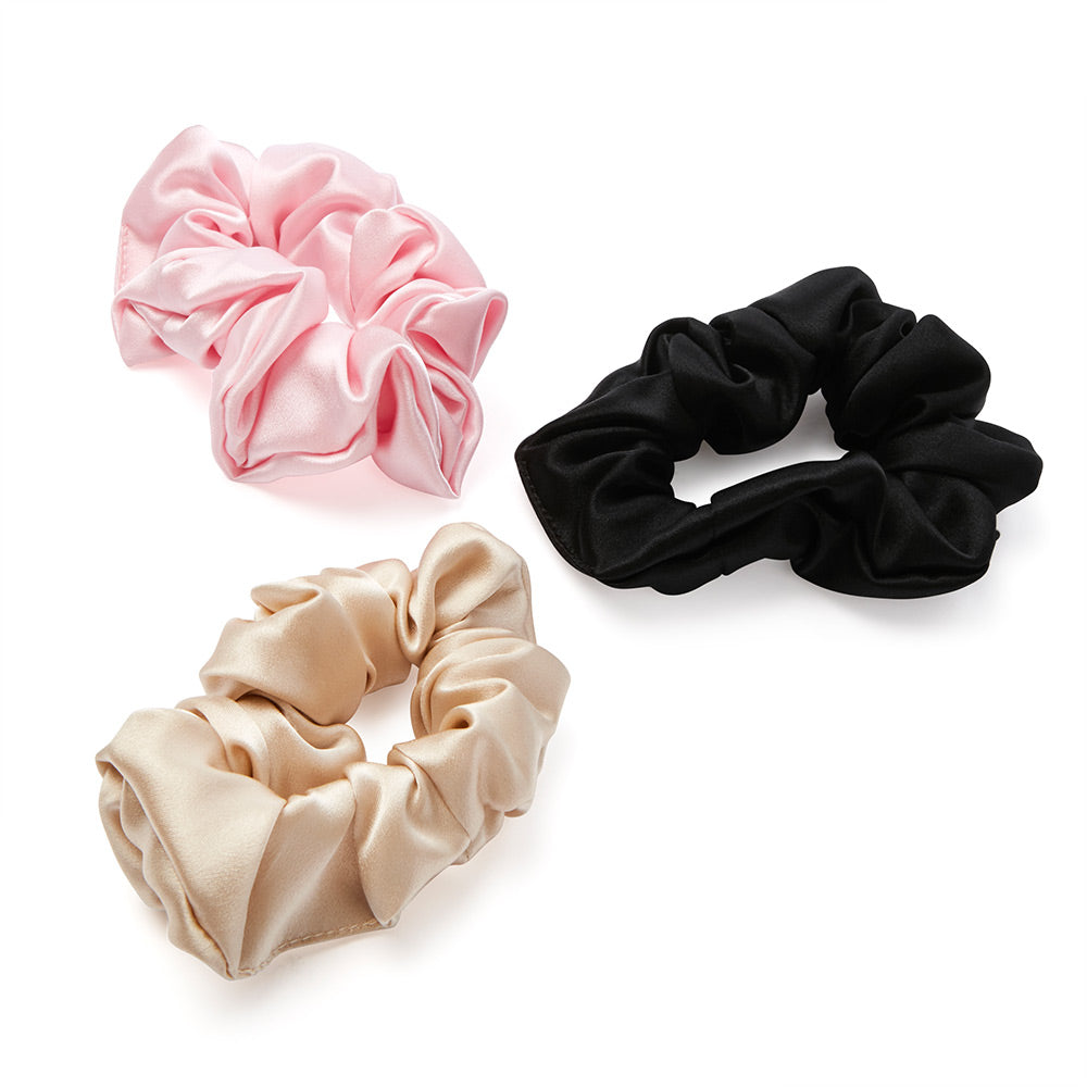 Fishers Finery 25 Momme 100% Pure Mulberry Silk Large Scrunchies Hair Ties  (Black/Pink/Champagne 3 Pk) Black, Pink