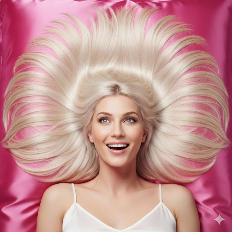 Woman with smooth blonde hair resting on soft bedding made from natural materials