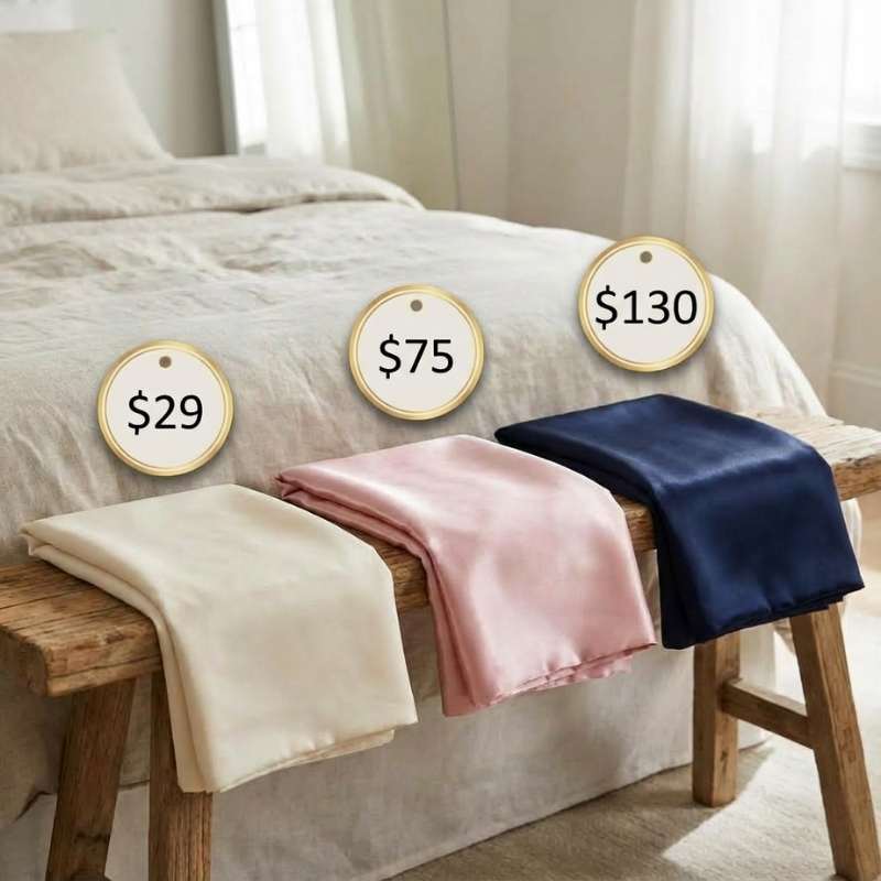 Silk pillowcases at different price points highlighting ultra smooth feel, reduced night sweats, and higher maintenance care needs