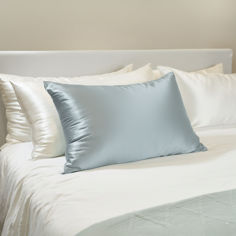 Blissy King Ash Blue Pillowcase Lifestyle – Mulberry Silk