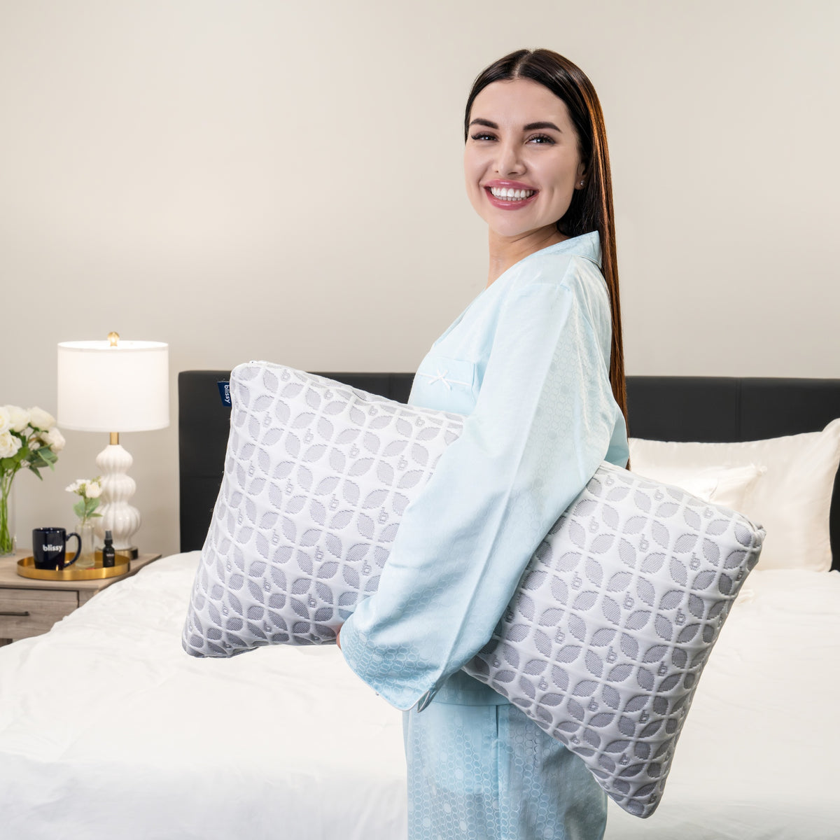 Blissy King Crescent Signature Adjustable Pillow Lifestyle – Mulberry Silk