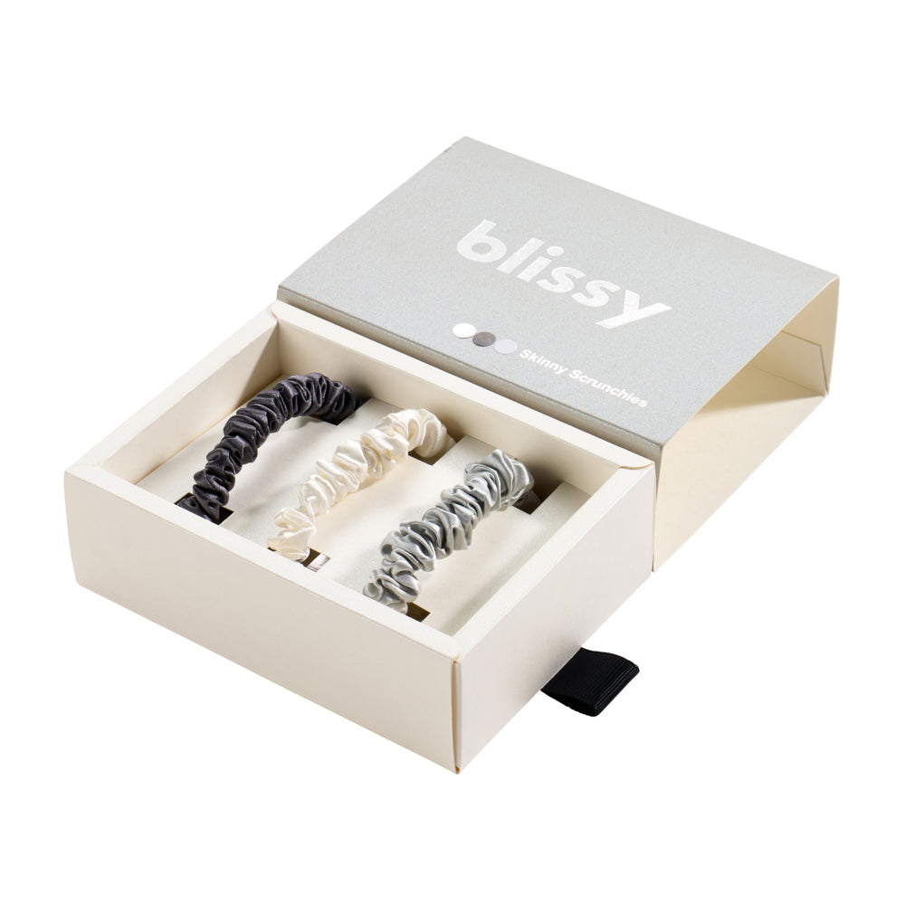 Blissy Skinny Scrunchies - White, Gray, Silver