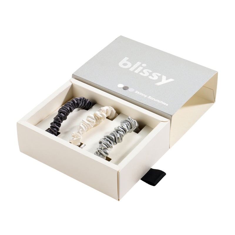 Blissy Skinny Scrunchies - White, Gray, Silver