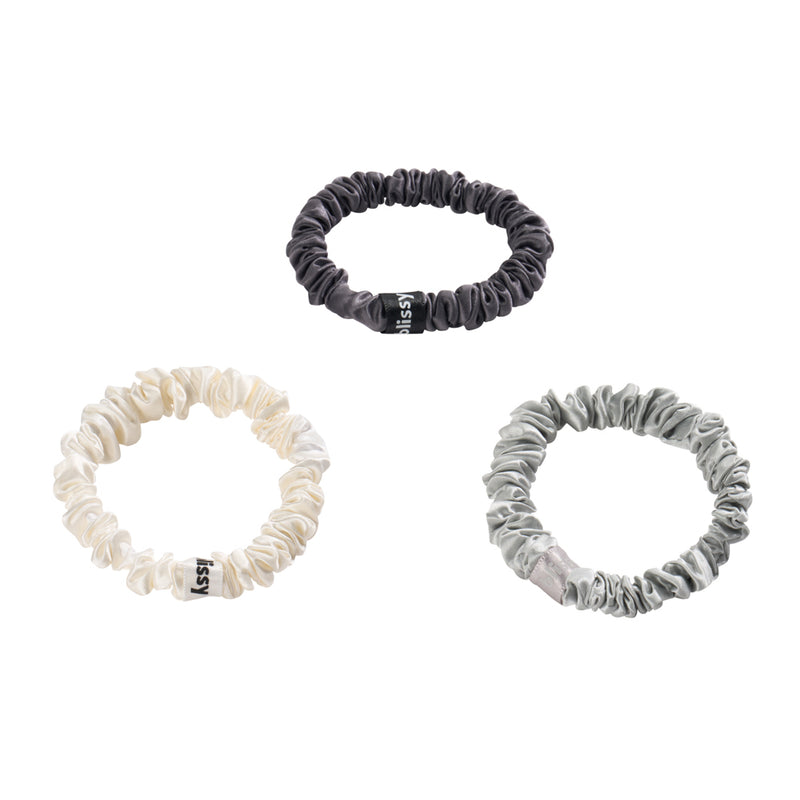 Blissy Skinny Scrunchies - White, Gray, Silver