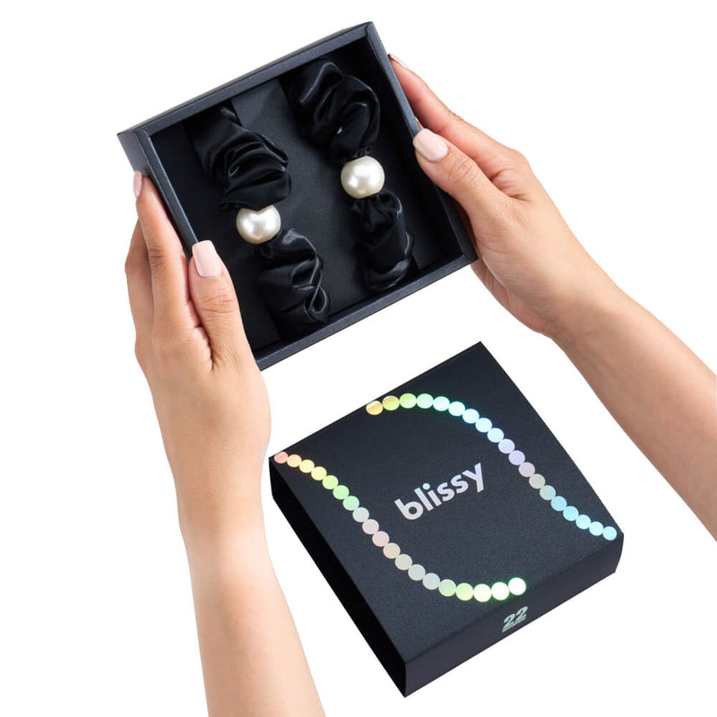 Blissy Pearl Scrunchies - Black - Blissy Black Blissy Pearl Scrunchies – 22 Momme Mulberry Silk, 100% Silk