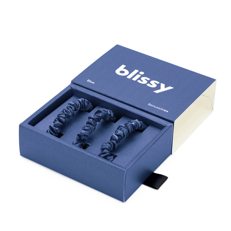 Blissy Skinny Scrunchies - Blue - Blissy Mulberry Silk Blissy Silk Skinny Scrunchies (3-Pack) – 100% Mulberry Silk Hair Ties