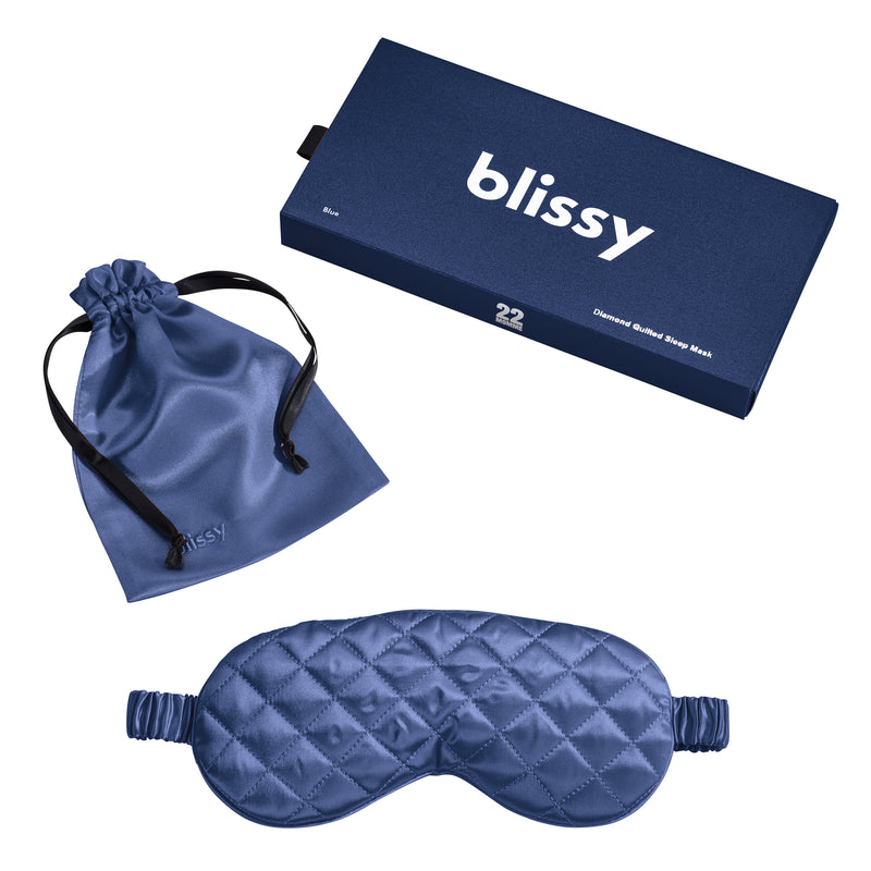 Sleep Mask - Blue - Diamond Quilted - Blissy Blue Sleep Mask – 22 Momme Mulberry Silk, 100% Silk