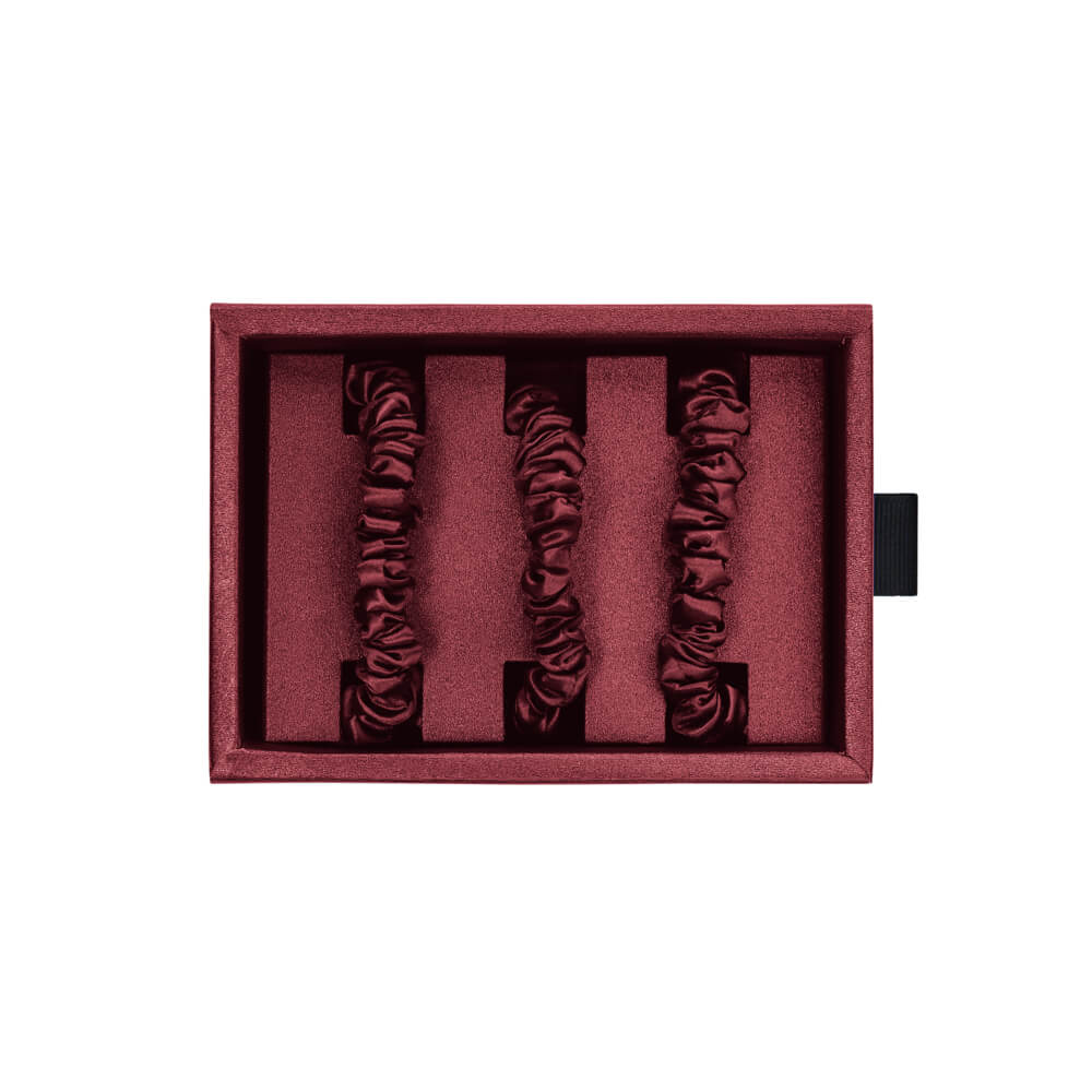 Burgundy Blissy Skinny Scrunchies Close-Up – Blissy 22 Momme Silk
