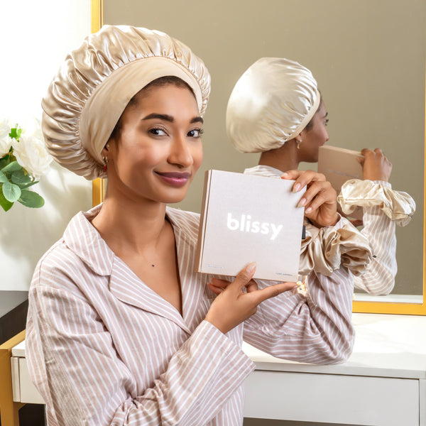 Blissy 100% Mulberry Silk Blissy Silk Halo Bonnet Lifestyle – Mulberry Silk