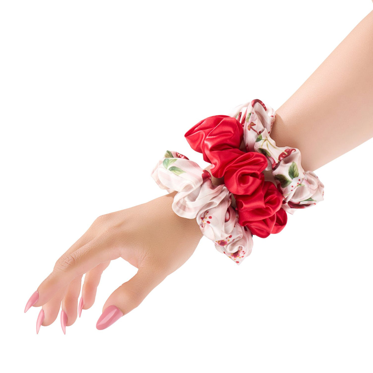 Cherry Blossom Blissy Scrunchies Close-Up – Blissy 22 Momme Silk