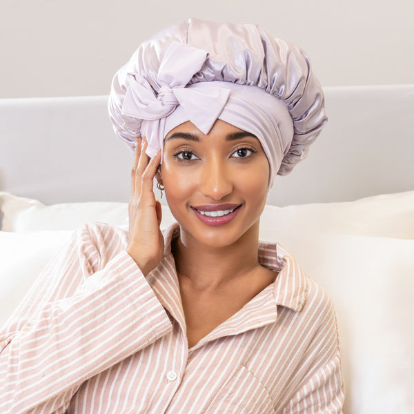 Lavender Blissy Bow Bonnet Close-Up – Blissy 22 Momme Silk