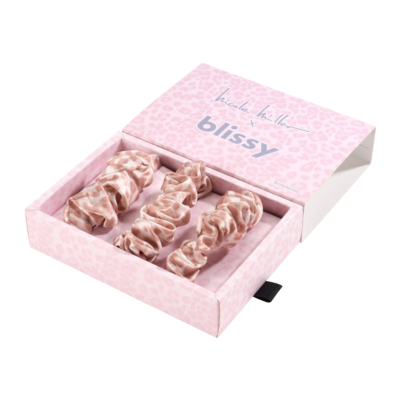 Blissy Scrunchies - Nicole Miller - Mauve Cheetah - Blissy Mauve Cheetah Blissy Scrunchies – 22 Momme Mulberry Silk, 100% Silk