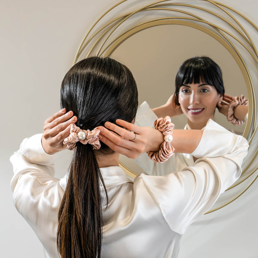 Rose Gold Blissy Pearl Scrunchies Close-Up – Blissy 22 Momme Silk
