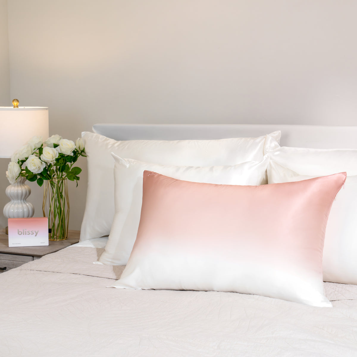 Blissy Rose Gold Ombre Silk Pillowcase Detail – King