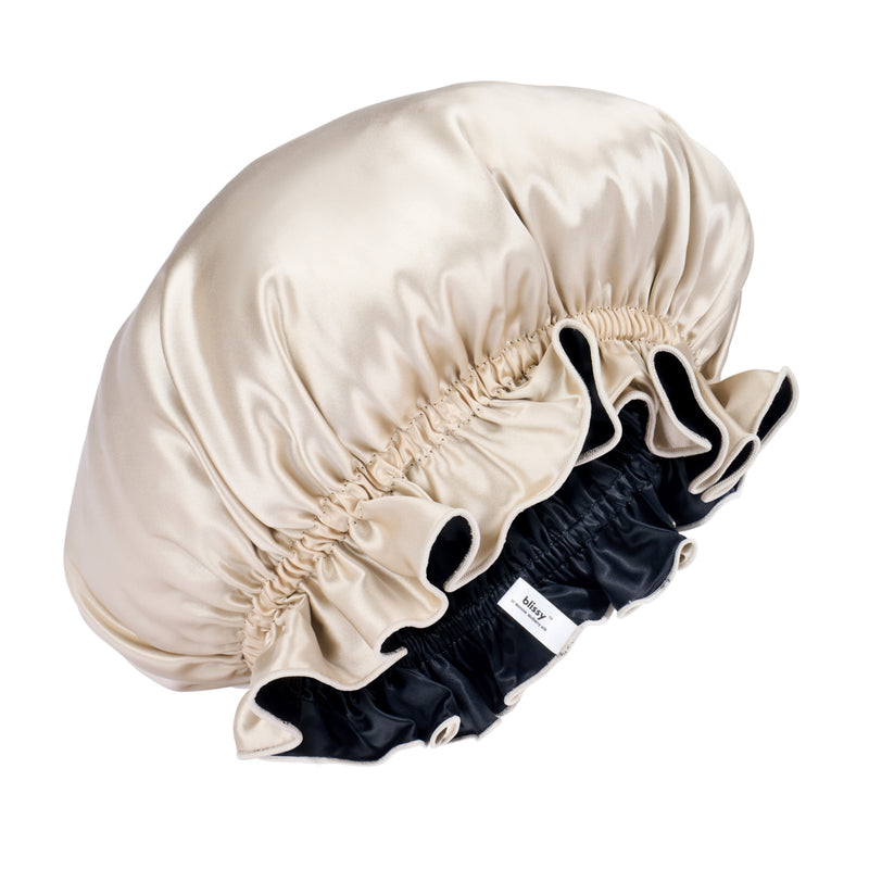 Blissy Ruffle Bonnet - Champagne/Black - Blissy Champagne/Black Ruffle Bonnet – 22 Momme Mulberry Silk, 100% Silk