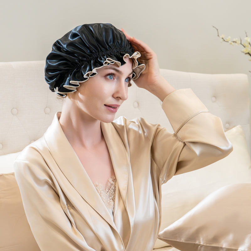 Blissy Ruffle Bonnet - Champagne/Black - Blissy Champagne/Black Ruffle Bonnet – 22 Momme Mulberry Silk, 100% Silk – Lifestyle