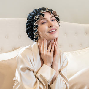 Blissy Ruffle Bonnet - Champagne/Black - Blissy Champagne/Black Ruffle Bonnet – 22 Momme Mulberry Silk, 100% Silk – Lifestyle