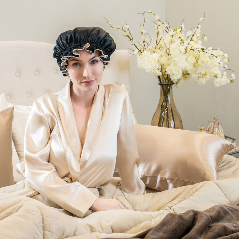 Blissy Ruffle Bonnet - Champagne/Black - Blissy Champagne/Black Ruffle Bonnet – 22 Momme Mulberry Silk, 100% Silk – Lifestyle