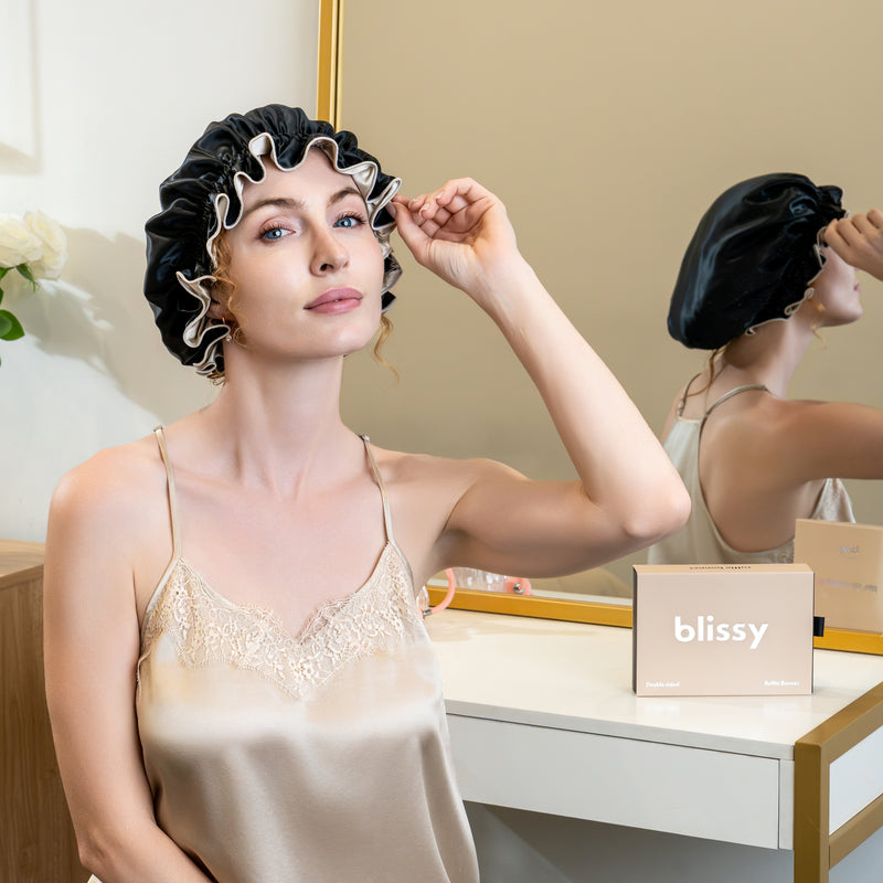 Blissy Ruffle Bonnet - Champagne/Black - Blissy Champagne/Black Ruffle Bonnet – 22 Momme Mulberry Silk, 100% Silk – Lifestyle