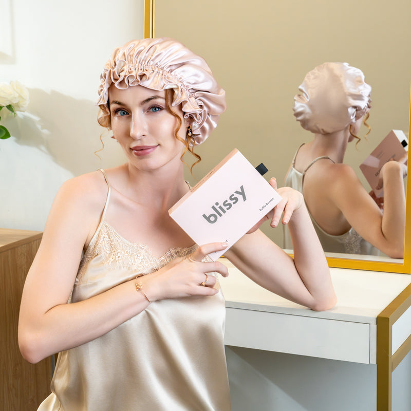Blissy Ruffle Bonnet - Pink/White - Blissy Pink/White Ruffle Bonnet – 22 Momme Mulberry Silk, 100% Silk – Lifestyle