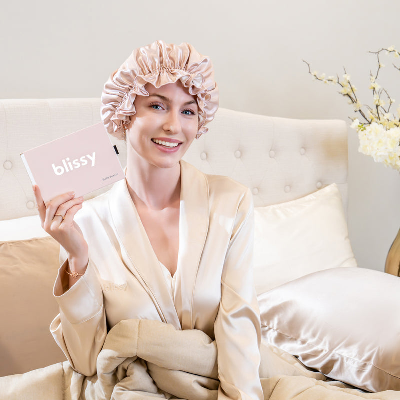 Blissy Ruffle Bonnet - Pink/White - Blissy Pink/White Ruffle Bonnet – 22 Momme Mulberry Silk, 100% Silk – Lifestyle