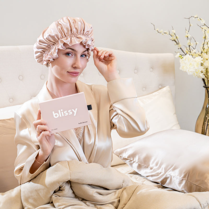 Blissy Ruffle Bonnet - Pink/White - Blissy Pink/White Ruffle Bonnet – 22 Momme Mulberry Silk, 100% Silk – Lifestyle