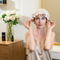 Blissy Ruffle Bonnet - Pink/White - Blissy Pink/White Ruffle Bonnet – 22 Momme Mulberry Silk, 100% Silk – Lifestyle