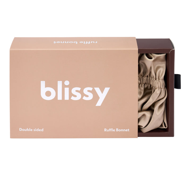 Blissy Ruffle Bonnet - Taupe/Chocolate - Blissy Taupe/Chocolate Ruffle Bonnet – 22 Momme Mulberry Silk, 100% Silk