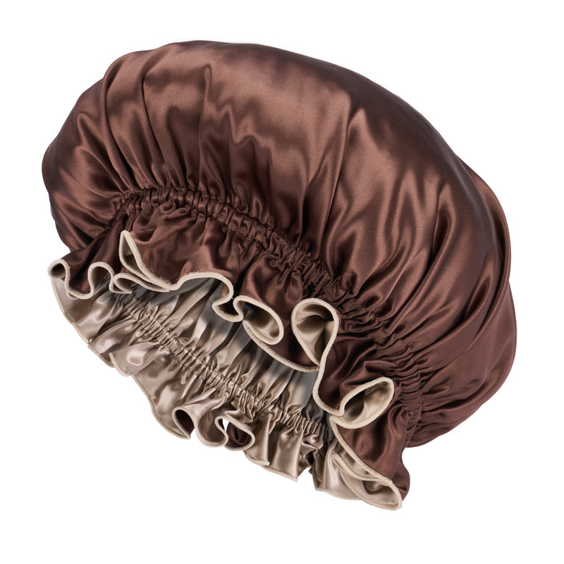 Blissy Ruffle Bonnet - Taupe/Chocolate - Blissy Taupe/Chocolate Ruffle Bonnet – 22 Momme Mulberry Silk, 100% Silk