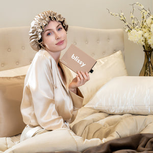 Blissy Ruffle Bonnet - Taupe/Chocolate - Blissy Taupe/Chocolate Ruffle Bonnet – 22 Momme Mulberry Silk, 100% Silk – Lifestyle