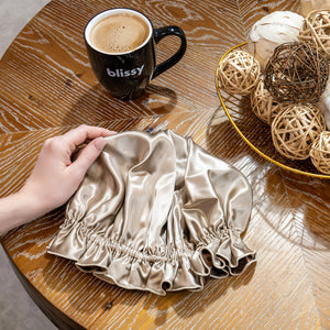 Blissy Ruffle Bonnet - Taupe/Chocolate - Blissy Taupe/Chocolate Ruffle Bonnet – 22 Momme Mulberry Silk, 100% Silk – Lifestyle