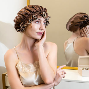 Blissy Ruffle Bonnet - Taupe/Chocolate - Blissy Taupe/Chocolate Ruffle Bonnet – 22 Momme Mulberry Silk, 100% Silk – Lifestyle