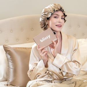Blissy Ruffle Bonnet - Taupe/Chocolate - Blissy Taupe/Chocolate Ruffle Bonnet – 22 Momme Mulberry Silk, 100% Silk – Lifestyle