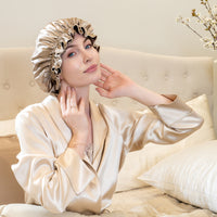 Blissy Ruffle Bonnet - Taupe/Chocolate - Blissy Taupe/Chocolate Ruffle Bonnet – 22 Momme Mulberry Silk, 100% Silk – Lifestyle