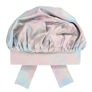 Tie Dye Blissy Bow Bonnet Close-Up – Blissy 22 Momme Silk