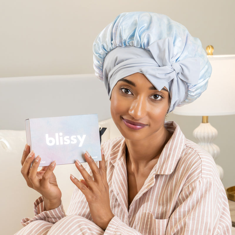 Tie Dye Blissy Bow Bonnet Close-Up – Blissy 22 Momme Silk