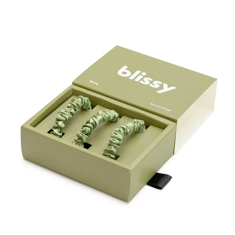 Blissy Skinny Scrunchies - Olive - Blissy Olive Blissy Skinny Scrunchies – 22 Momme Mulberry Silk, 100% Silk