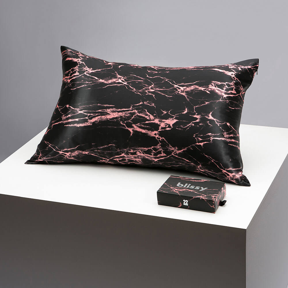 Blissy Standard Rose Black Marble Pillowcase – 22 Momme Mulberry Silk, 100% Silk