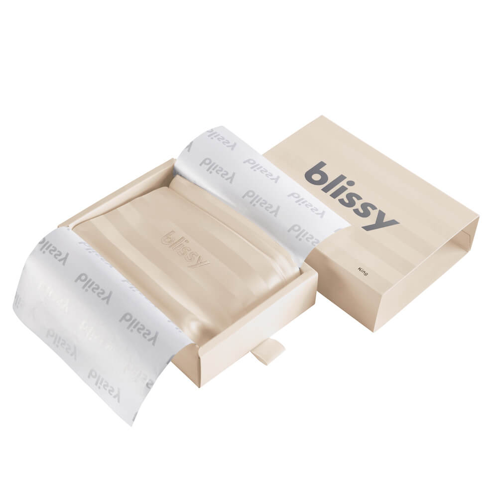 Blissy Queen Champagne Striped Pillowcase Lifestyle – Mulberry Silk