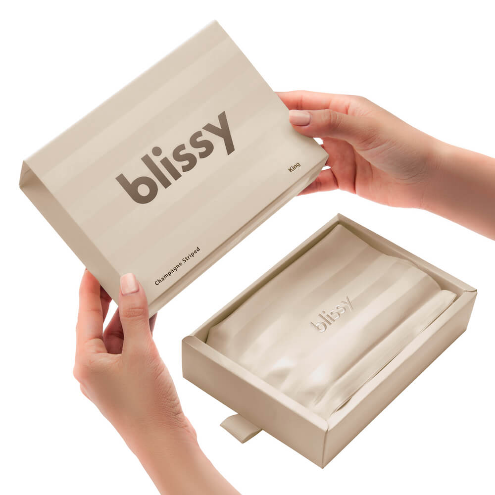 Queen Champagne Striped Pillowcase – Blissy Premium Silk
