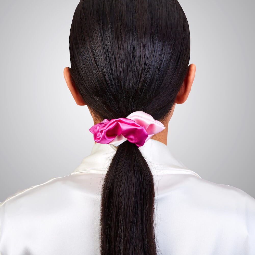 Pink Ombre Blissy Scrunchies Close-Up – Blissy 22 Momme Silk