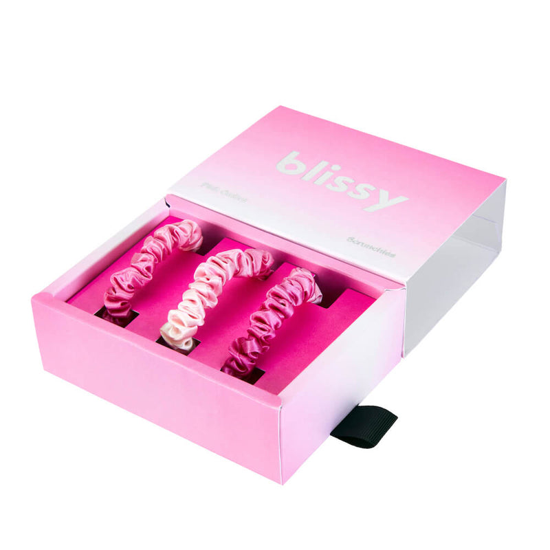 Blissy Skinny Scrunchies - Pink Ombre - Blissy Pink Ombre Blissy Skinny Scrunchies – 22 Momme Mulberry Silk, 100% Silk