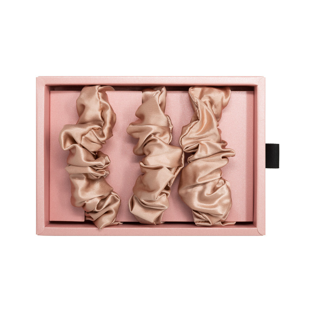 Rose Gold Blissy Scrunchies Close-Up – Blissy 22 Momme Silk