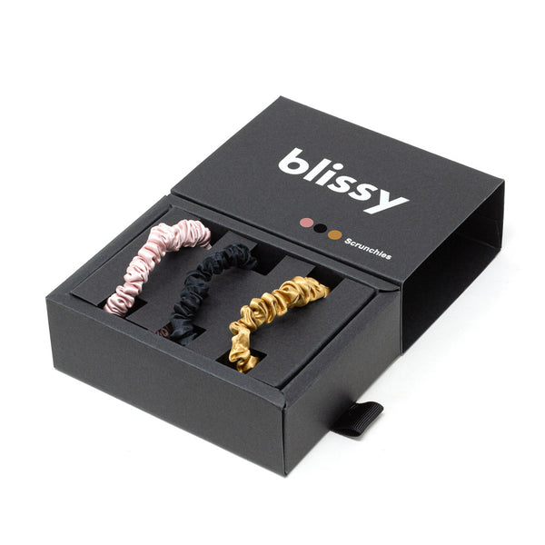 Blissy Black, Gold, Pink Blissy Skinny Scrunchies – 22 Momme Mulberry Silk, 100% Silk